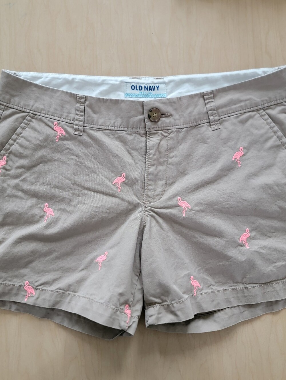 Old Navy Khaki Shorts with Pink Flamingo Embroidery Size 4
